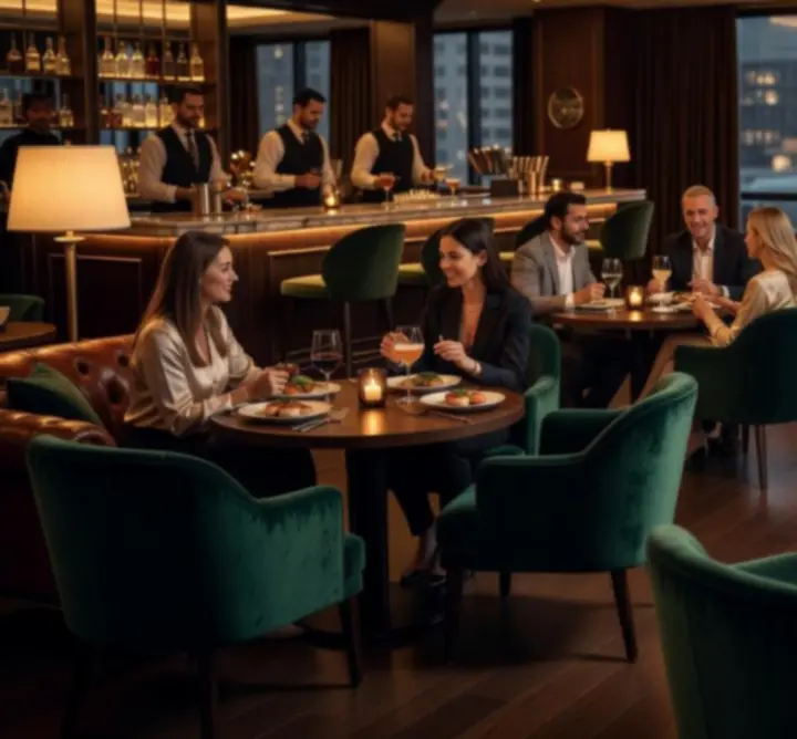 Vibrant dining lounge at TRT Service with sleek lighting and cozy seating