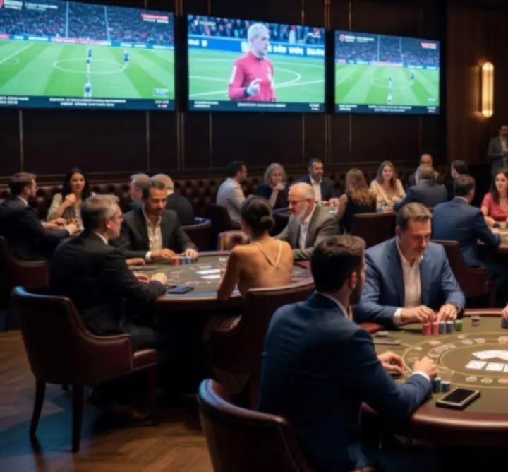 Guests enjoying poker and live sports at TRT Service's vibrant bar and lounge