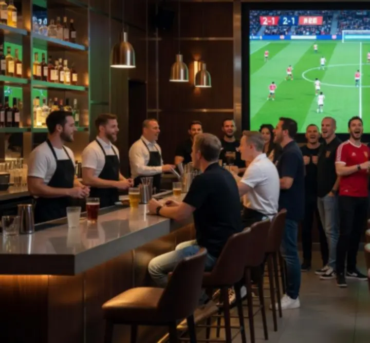 Guests watching live sports on ultra-large screens in a modern lounge at TRT Service.