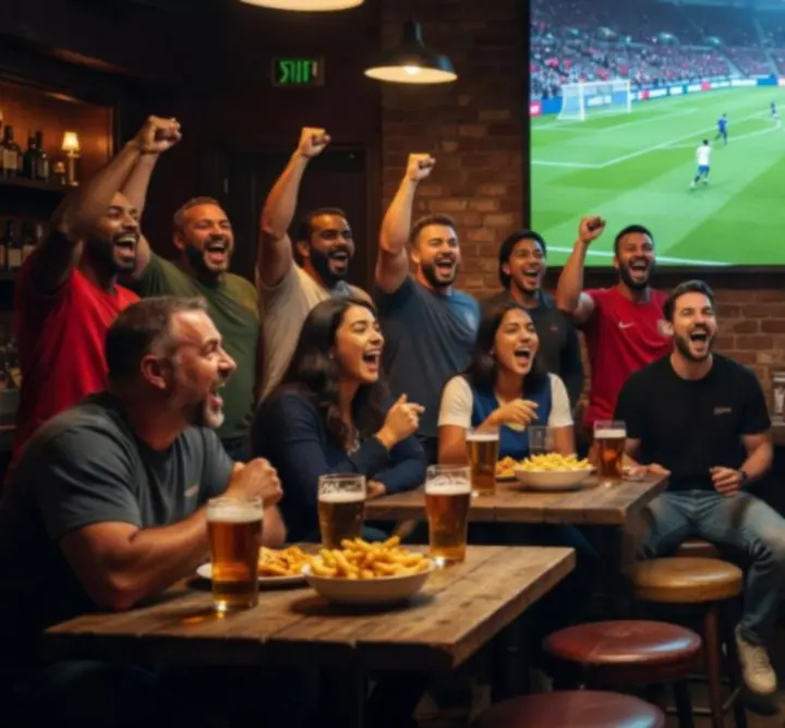 Guests watching live sports on wall-sized screens with drinks at TRT Service