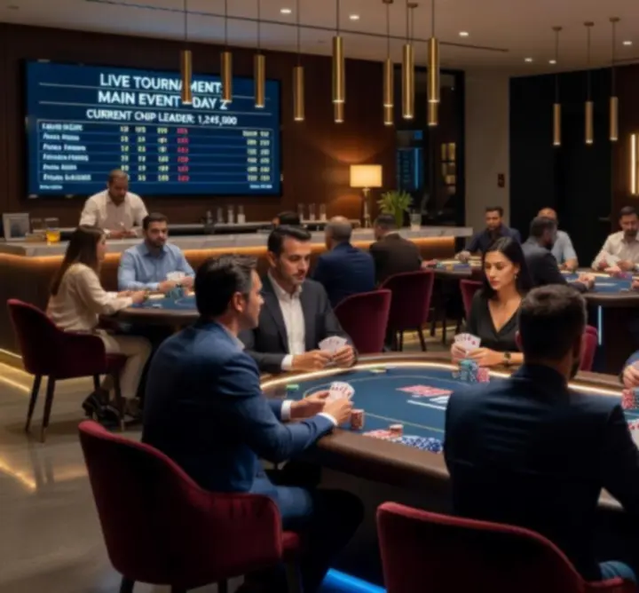 Modern poker lounge with players at tables at TRT Service