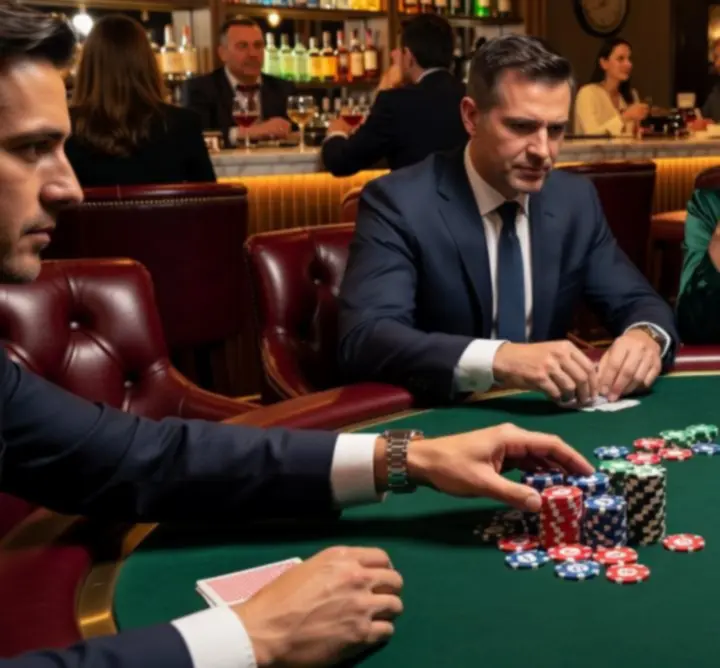 Professional poker table with cards and chips in action