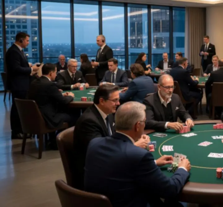 Poker tournament hall at TRT Service with players seated at illuminated tables