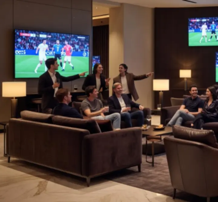 Premium seating area with large sports screens and ambient lighting at TRT Service.