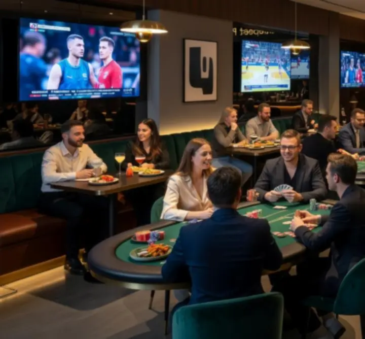 Modern interior of TRT Service with lounge seating, poker tables, and atmospheric lighting