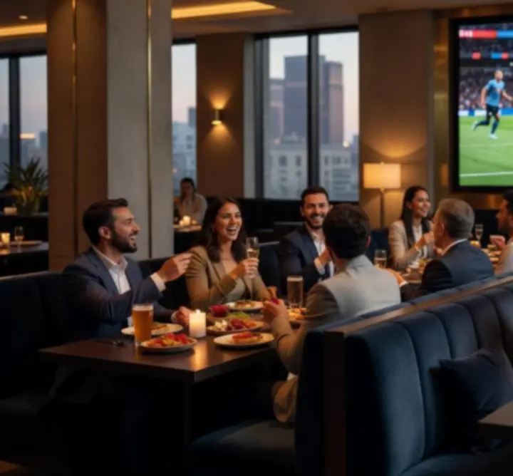 Tables reserved for guests in front of large sports screens